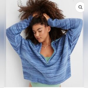 Aerie Quarter Zip Blue Textured Sweater With Green Zipper